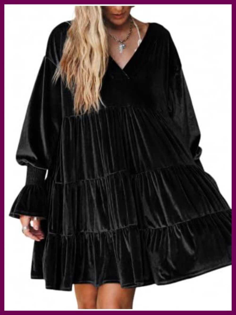 Velvet Tunic Dress Long Puff Sleeve Tiered Ruffle A-Line